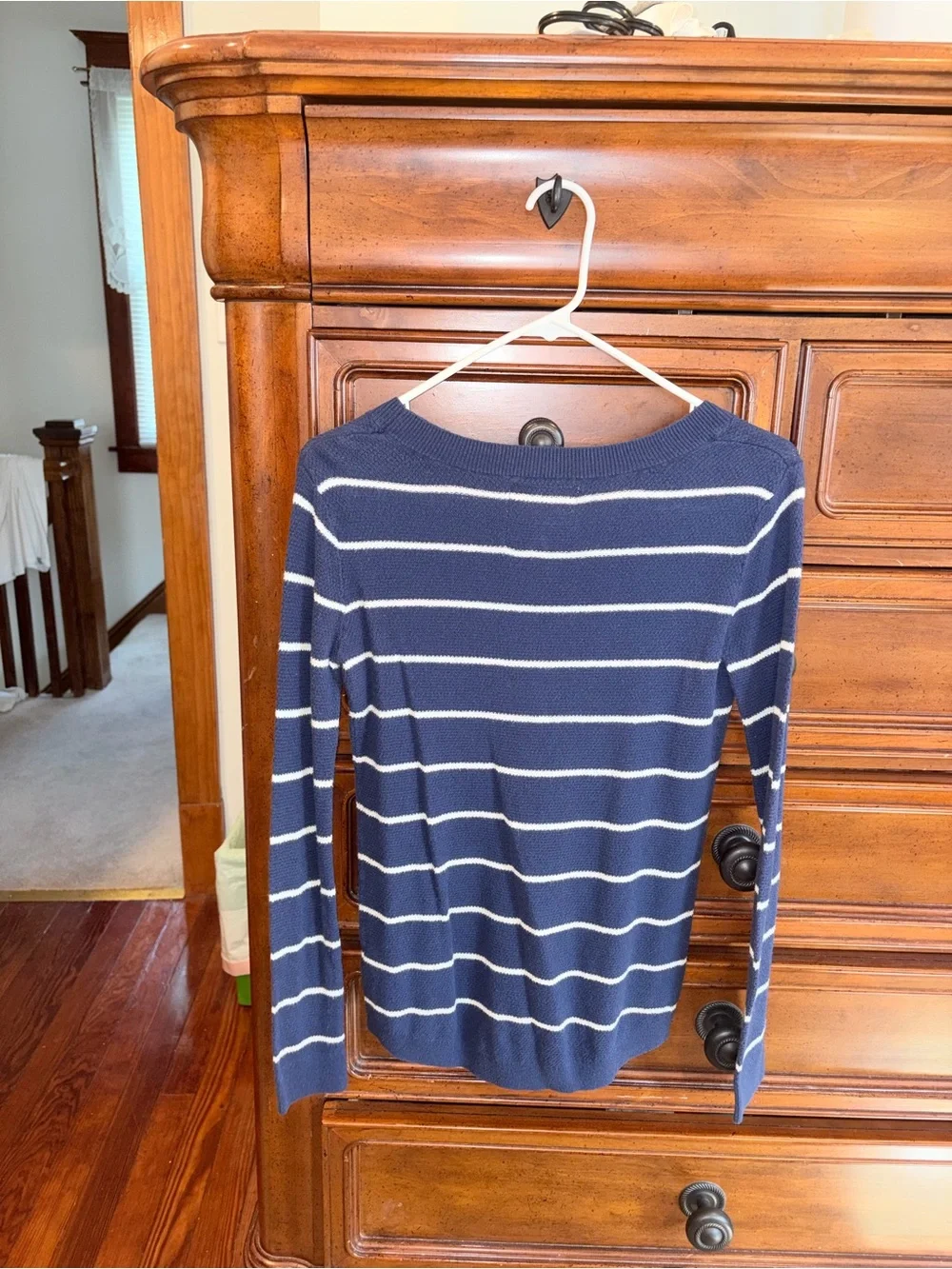 Perfect Pullover Navy Blue White Stripe Knit Sweater XS Long Sleeve Crew Neck